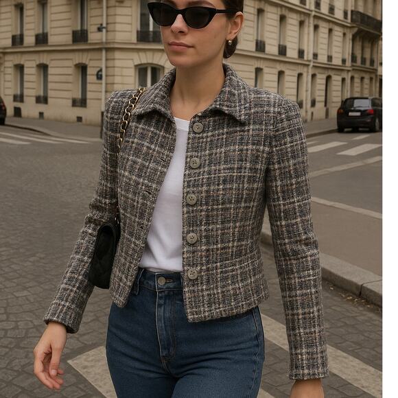 Lea Rome Women's Blazer Gray Wool Boucle France size 38 Small Twee Office Chic - Picture 2 of 8